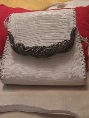 White Women's Shoulder Bag with Decorative Metal Accent
